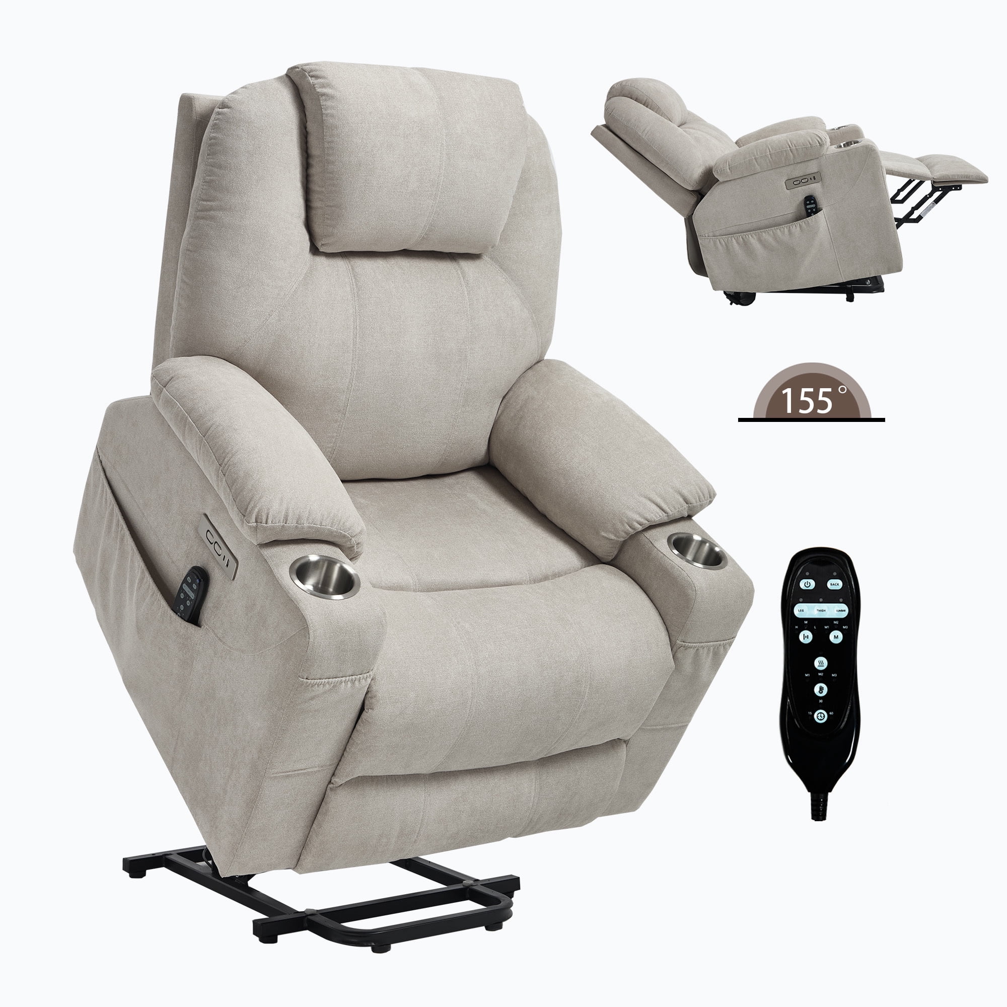 Leumius Power Lift Recliner Chair,Heavy Duty Recliners with 8-Point Vibration Massage and Lumbar Heating,Oversized Single Sofa with Cup Holder,USB and Type-C Ports,Beige