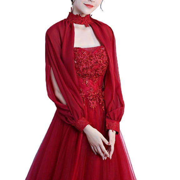Women Elegant Side Split Long Sleeve Wedding Shawl Cape Halter Neck Chiffon Shrug Capelet Open Front Backless Floral Lace Bridal Jacket Bolero