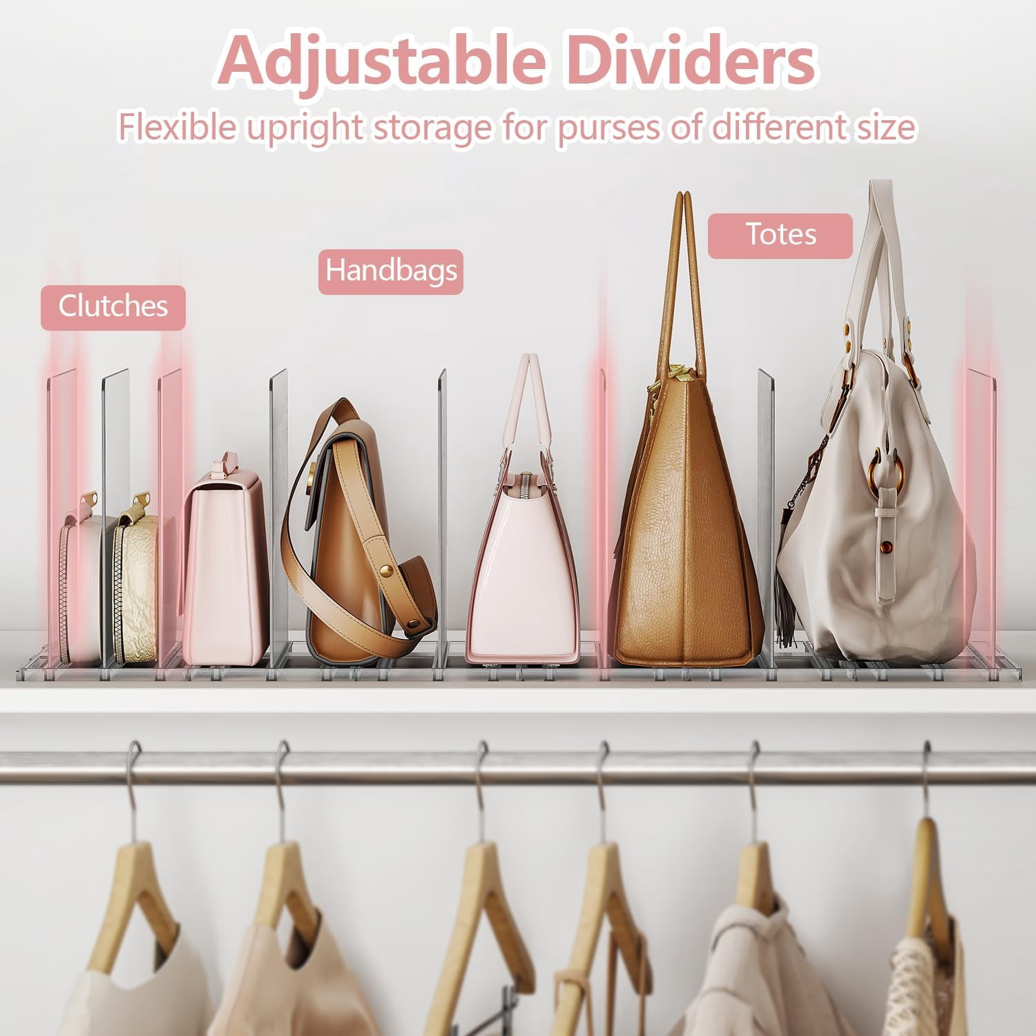 Yecaye 8-Pack Clear Purse Handbag Organizers, Adjustable Acrylic Shelf Dividers for Closet