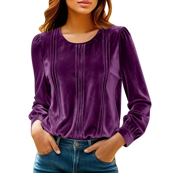Womens Dressy Tops Soft Velvet Crew Neck Long Sleeve Elegant Shirts with Pleats Solid Color Casual Party Blouses (XL, Purple)