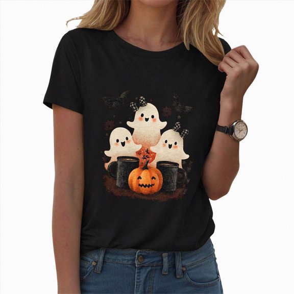 enyan Women Halloween Shirt Cute Ghost Graphic Tees Fall Crewneck Short Sleeve Party Halloween Womens Shirts(Black,XXL)
