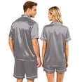thumbnail image 5 of VV AVEORS Satin Matching Pajamas Sets Couple Silk Button Down Nightwear Women & Men Short Sleeve Sleepwear 2 Pieces Loungewears Dark Gray 3XL, 5 of 8