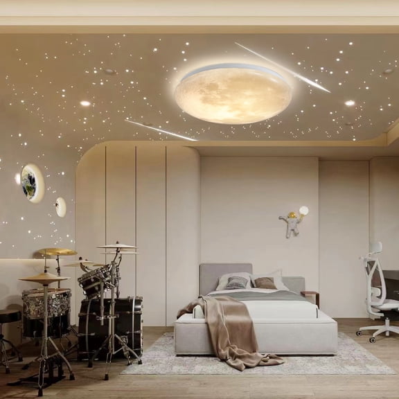 Flush Mount Fixture Ceiling Light ：15" 3D Moon Surface 5CCT Adjustable 30W LED for Bedroom, Nursery