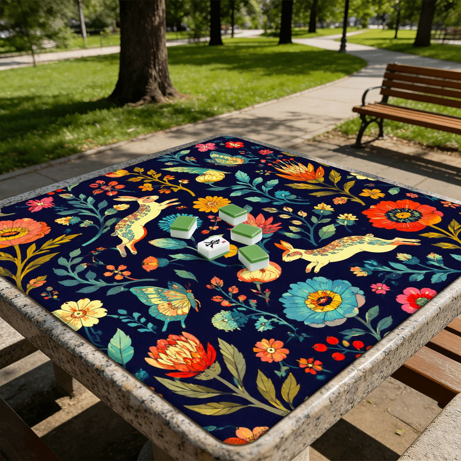 Mahjong Mat 31.5" x 31.5" Colorful Birds Floral Dark Non-Slip Noise Reduction American Mahjong Tiles Table Cover for Dominoes Poker Card Board Games Gift