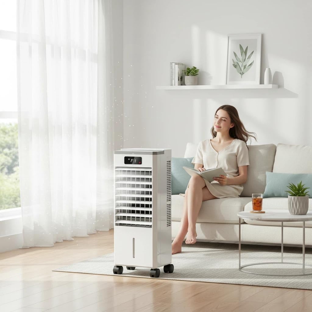 7L Evaporative Air Cooler, 3-in-1 Portable Swamp Cooler with Remote Control & 1.84 gal Water Tank, 3 Speeds, Auto Swing Louvers, 12H Timer & Ice Packs for Bedroom Office – 120V