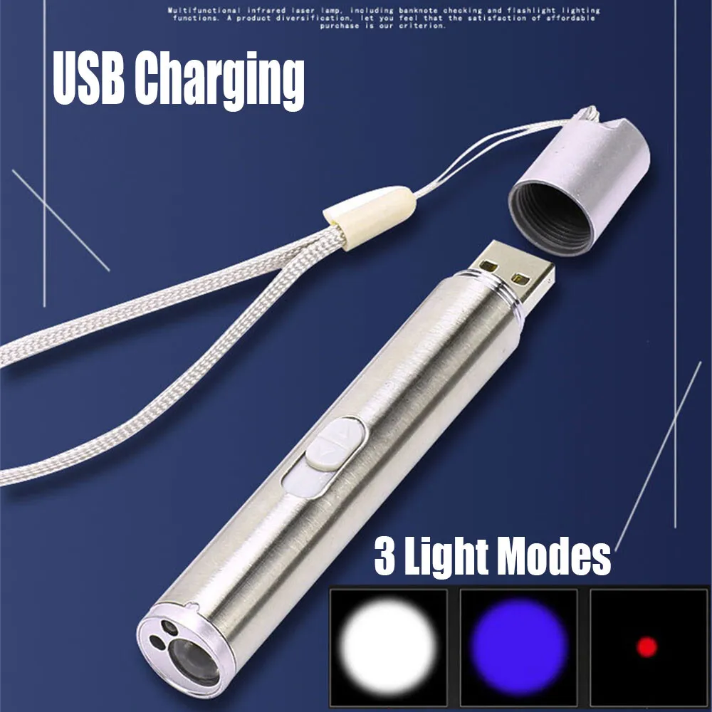 Red Laser Pointer Pen USB Rechargeable Lazer UV Light Flashlight Cat Dog Pet Toy Funny Toy