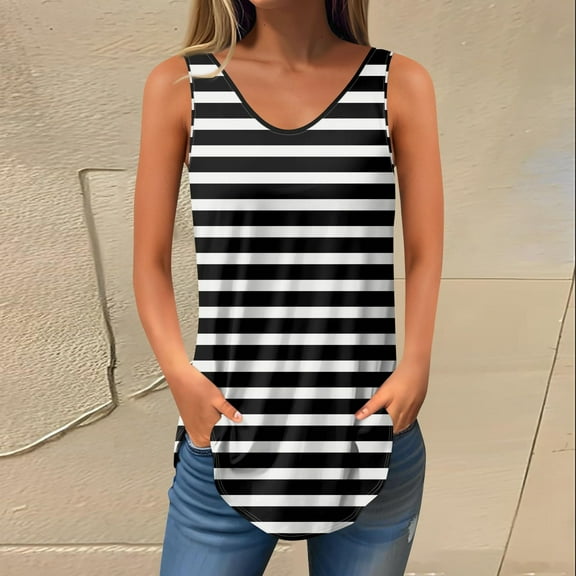 Munlar Black Tops for Women Tank Trendy 2025 V-Neck Loose Striped Print Sleeveless Shirts L