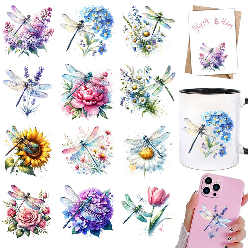 12pcs Floral Dragonfly UV DTF Cup Wrap Transfer Sticker Glass Coffee Mugs Greeting Card Decal School Handmade Crafts Party Decor