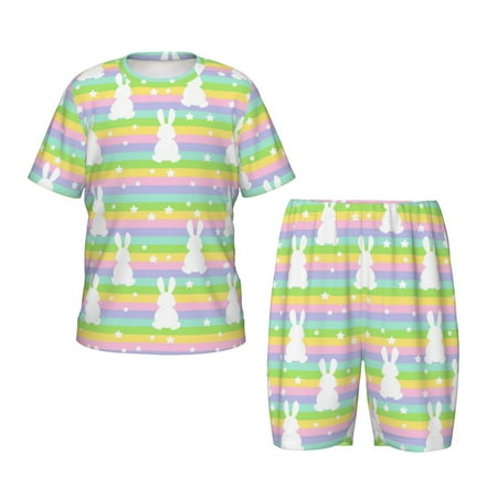 Lukts Rainbow Rabbit Print Unisex Kids Pajama Sets Summer Short Sleeve With Shorts Sleepwear Silky Button Down Loungewear 2PCS Nightwear-Large