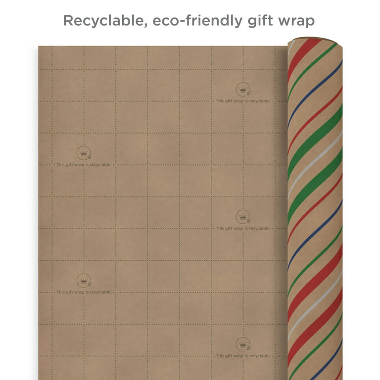 Hallmark Recyclable Christmas Wrapping Paper for Kids with Cut Lines on Reverse (4 Rolls: 88 Sq ft ttl) Kraft Brown with Christmas Lights Deer Snowfla