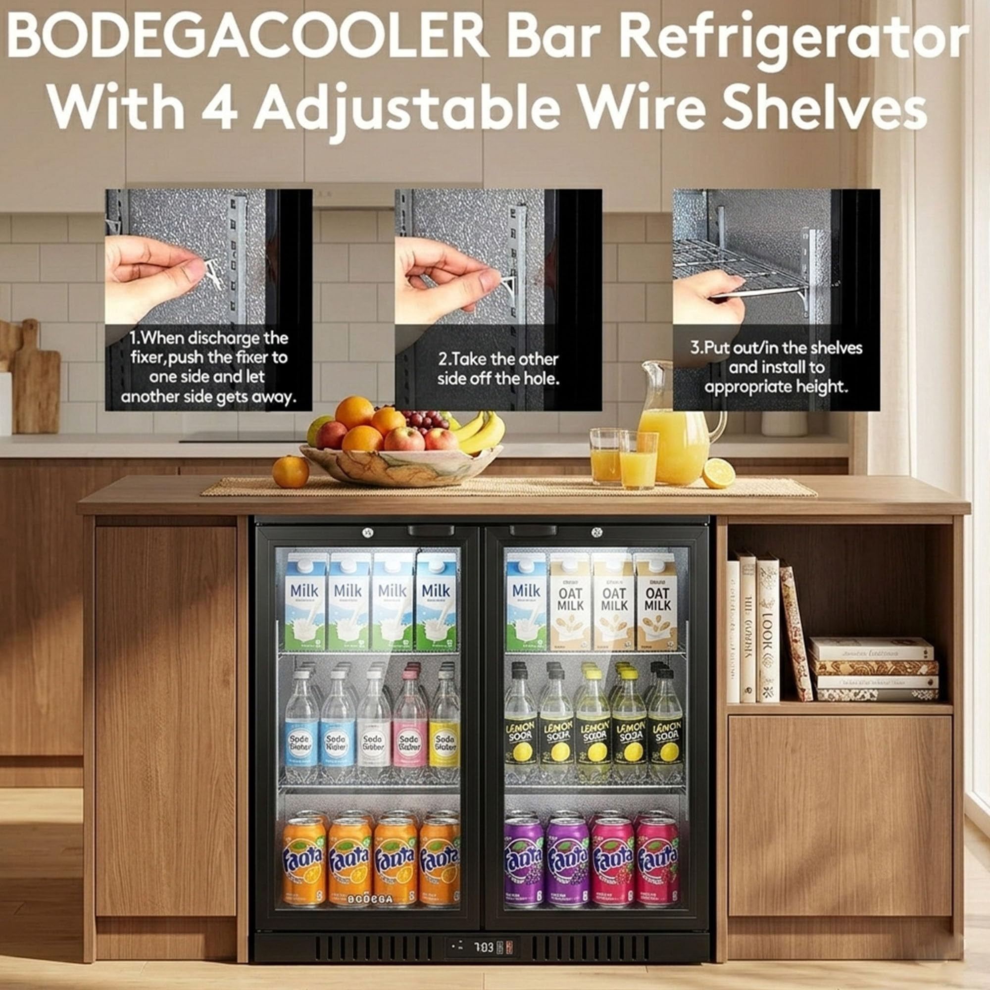 BODEGA 35.4 Inch Under Counter Beverage Refrigerator  2 Door Back Bar Cooler Dual Zone 32–50°F, 7.4 cu.ft Built-in or Freestanding Glass Door Fridge with LED Lighting