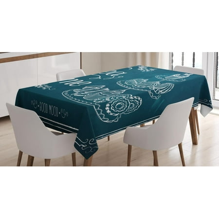 Tea Tablecloth, Pastries Bakery Cookies Muffin Cake Biscuit Morning Sweet Brunch Menu Artful, Rectangular Table Cover for Dining Room Kitchen, 52 X 70 Inches, Petrol Blue White, by
