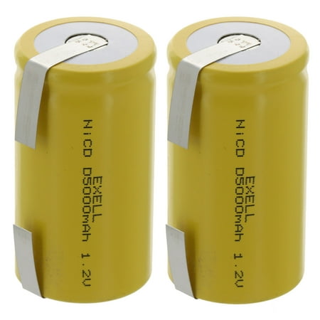 2x Exell D Size 1.2V 5000mAh NiCD Rechargeable Batteries with Tabs