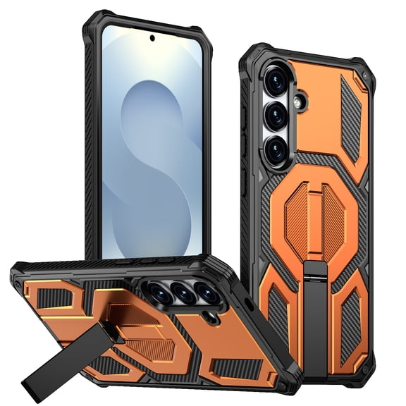ELEHOLD For Samsung Galaxy S25 FE Magnetic Case, Rugged Heavy Duty Fold Stand Shockproof Cover Mag-Safe Charging,Orange