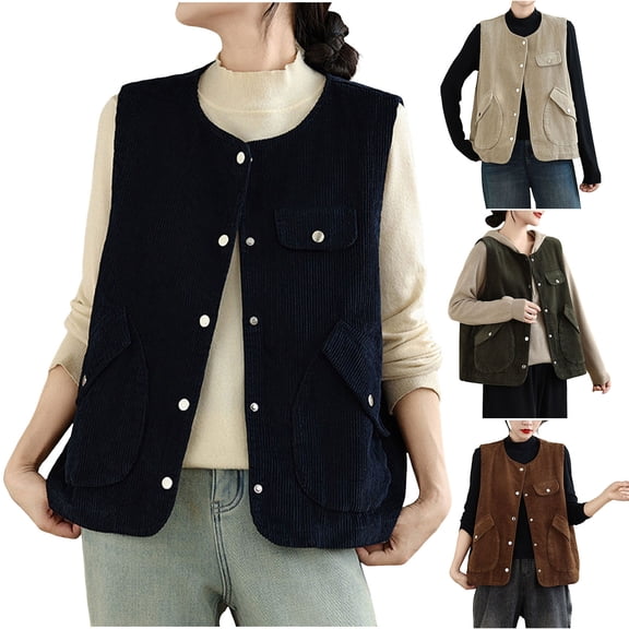 FRSASU Women's Corduroy Vest, Sleeveless Button Down Loose Crew Neck Jackets Solid Casual Outerwear with Pockets Navy