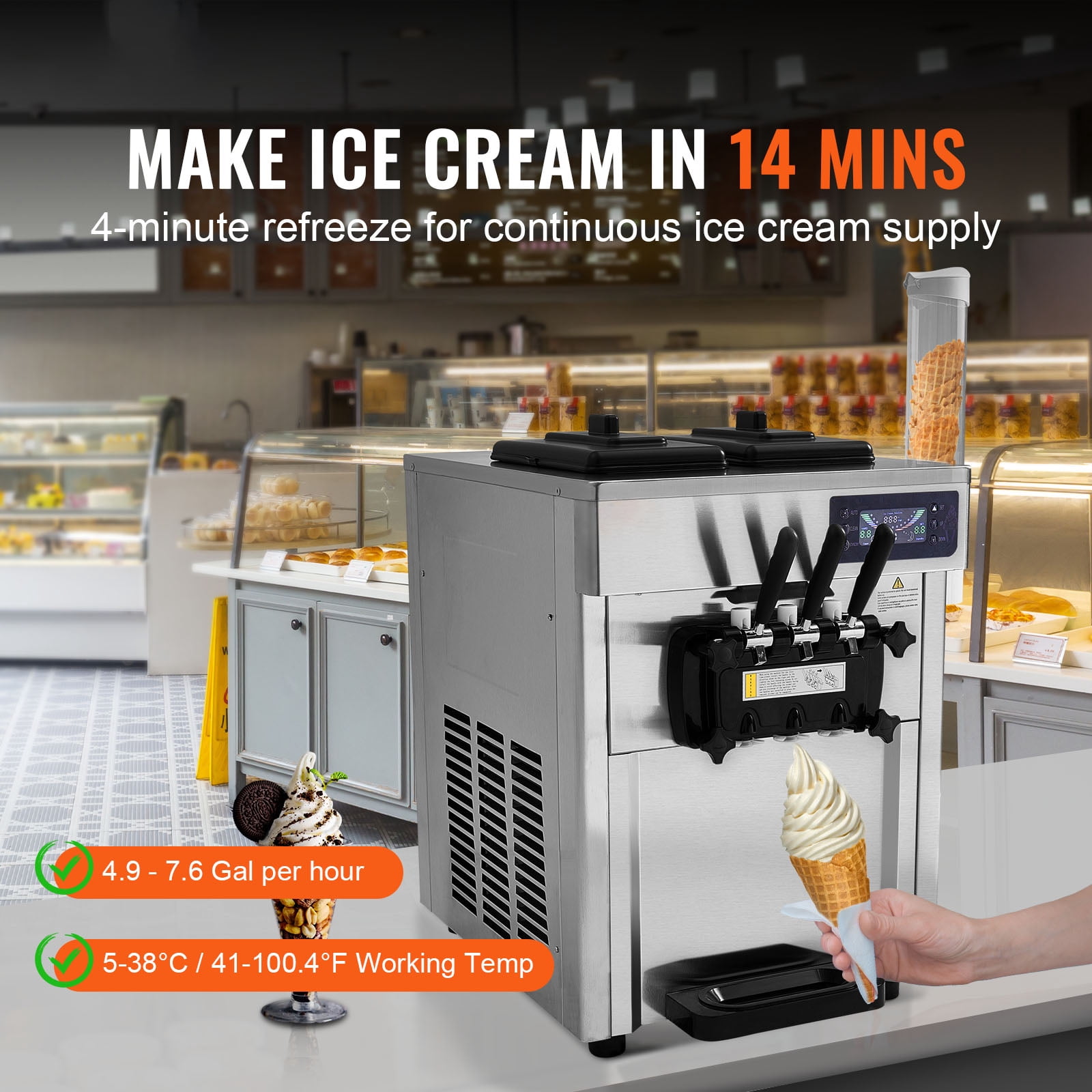 KFFKFF Commercial Soft Ice Cream Machine 18-28 L/H 5.5L*2 Cylinder 3-Flavor Serve Ice Cream Maker