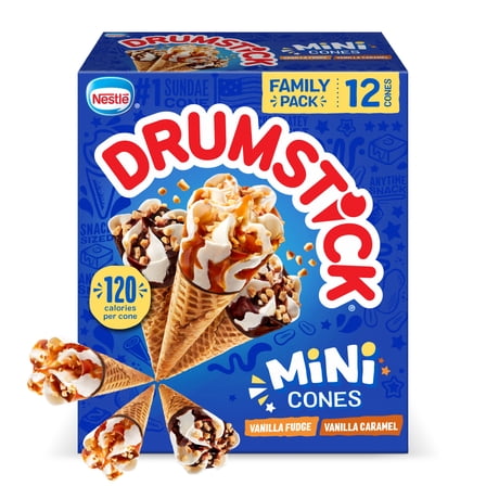 Drumstick Vanilla Fudge and Caramel Swirl Mini Sundae Cones, Kosher, 12 Count