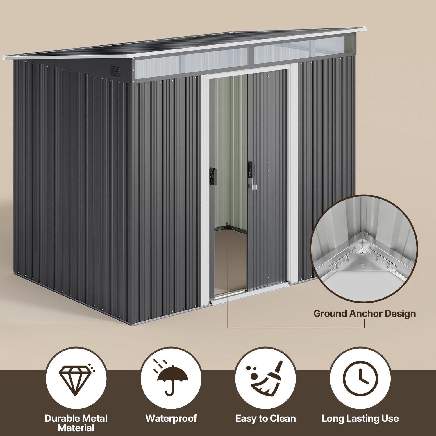 7’x 5’ Outdoor Storage Shed, Metal Storage Shed with Lockable Sliding Doors & Sloping Roof for Tool | Garbage Can | Bike | Mower, Dark Gray