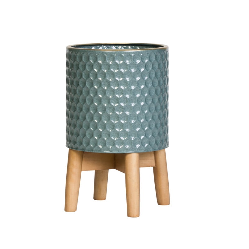 Honeycomb Metal Planter Pot With 4-Leg Wood Base - Blue-Green - 13.5"H x 8.5"W