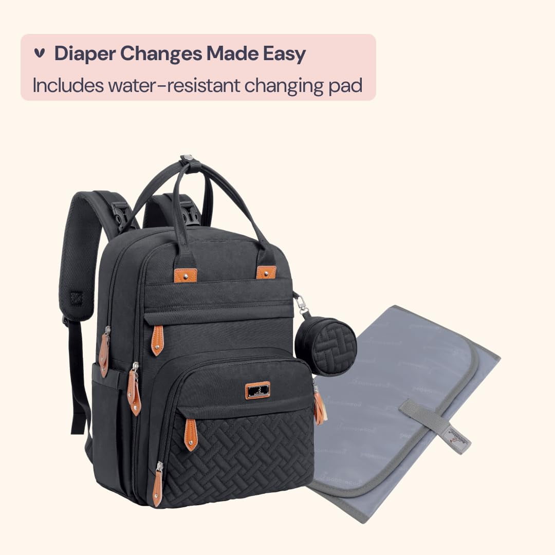 BabbleRoo Diaper Bag Backpack, Multifunction Original Baby Diaper Bag with Insulated Pockets, Black