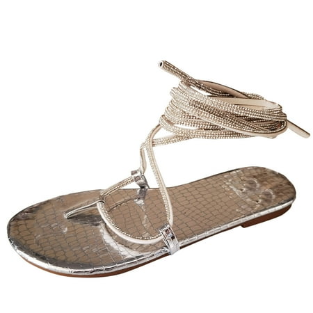 

Womens Sandals Women S Summer Flat Crystal Lace Up Sandals Flip Flops Outdoor Round Toe Shoes Women S Sandals Pu Silver 42