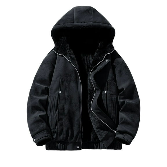 Mrmaere Men's Reversible Hooded Jacket Double-Sided Fuzzy & Fabric Warm Outerwear for Daily & Casual Wear Black L