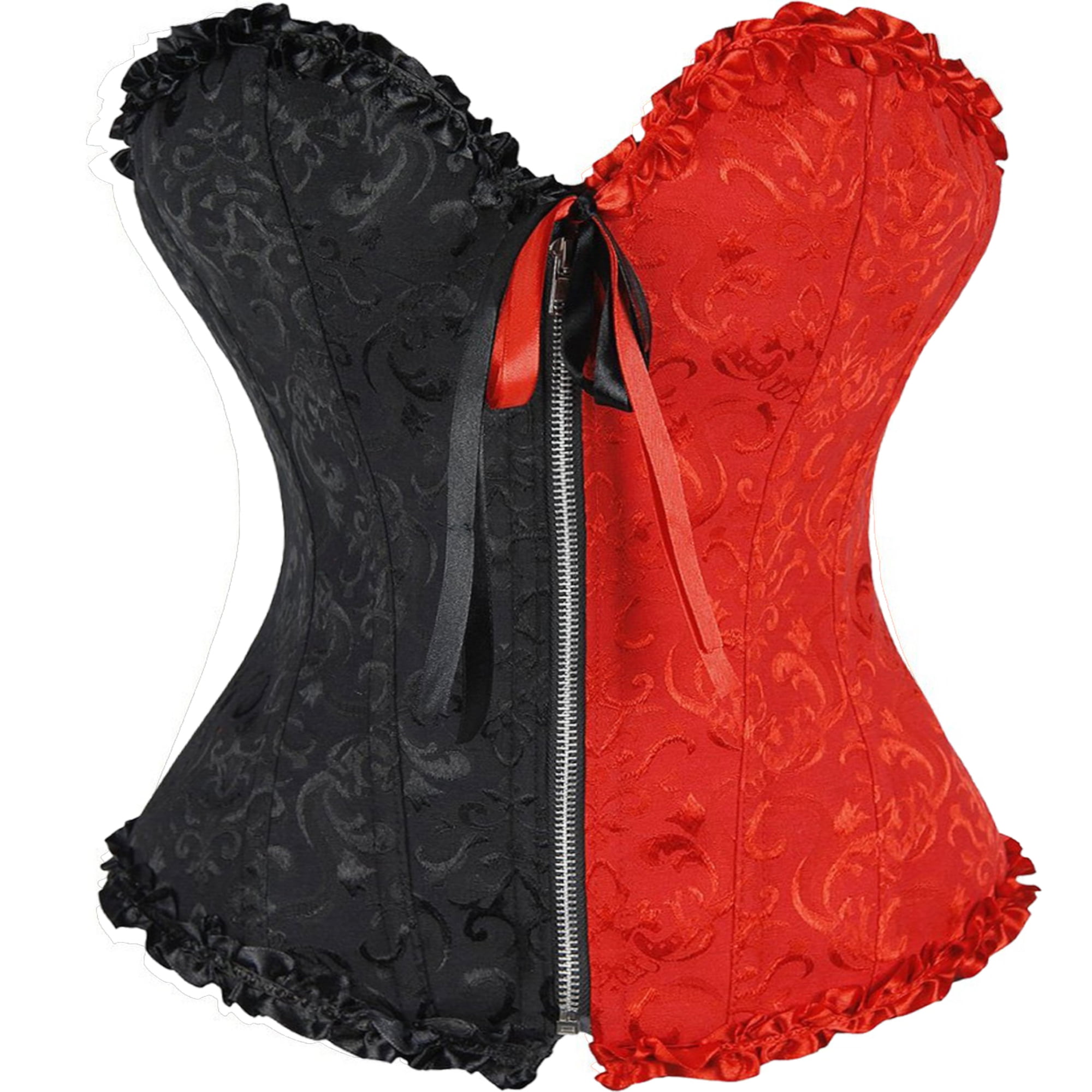 SAYFUT Women's Zipper-Up Jacquard Overbust Corset Intimates With Half Red  and Black 