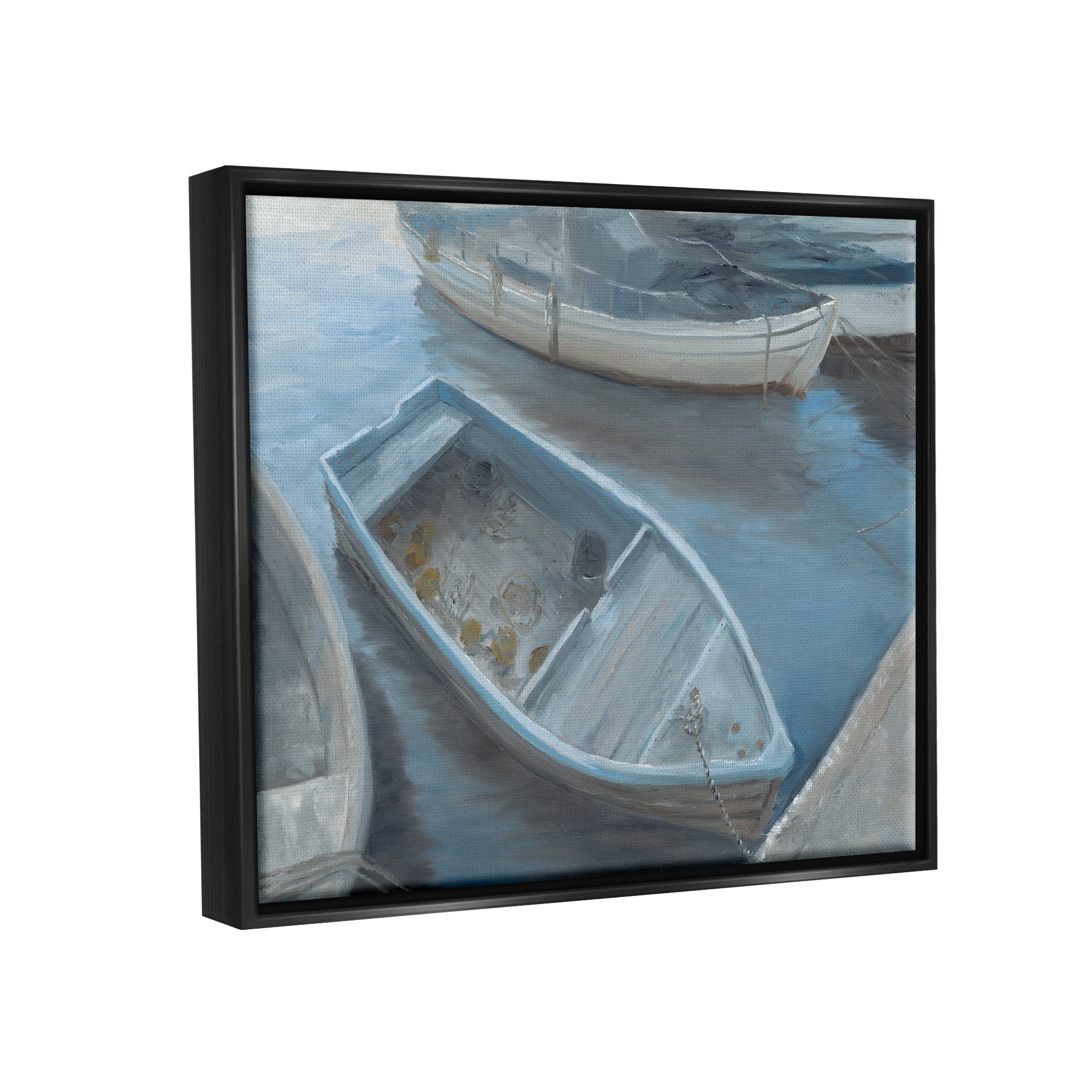 Stupell Docked Dinghy Boat Coastal Pier Landscape Painting Black Floater Framed Art Print Wall Art