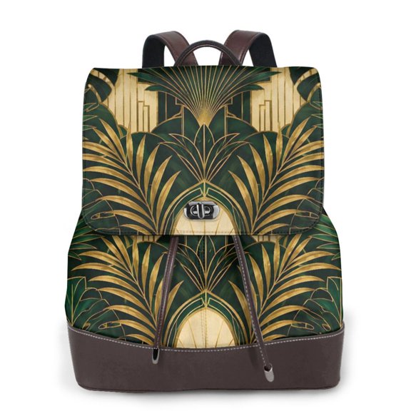 Art Deco Palm Leaf Women's Leather Backpack All-Over Print Bag for Work and Travel