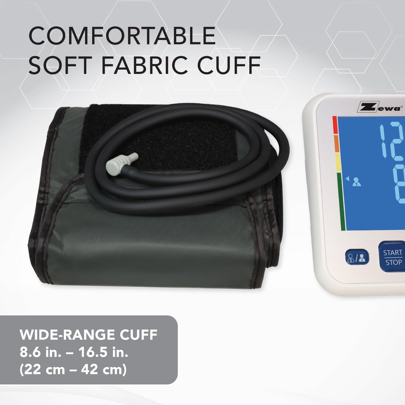 Zewa Smart Arm Blood Pressure Monitor | 60-Reading Memory | 2 Adjustable Cuffs (8.7”-16.5” & 13.4”-18.9”) | Irregular Heartbeat Detection | Illuminated Display | Date & Time Function