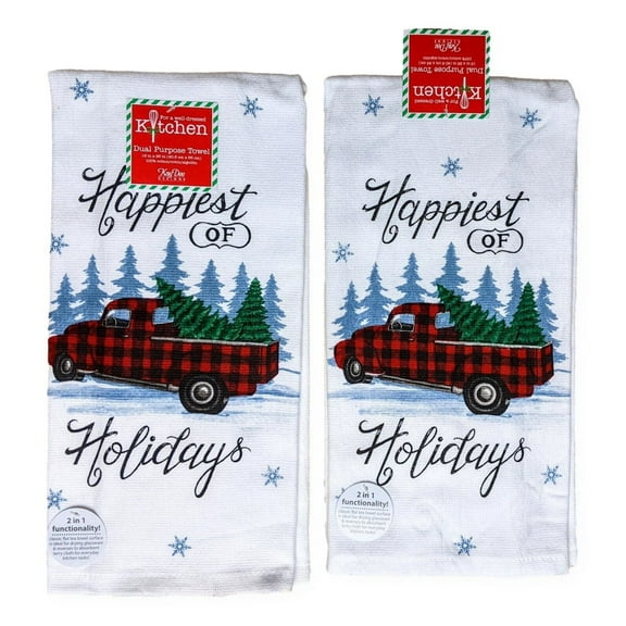 Set of 2 HAPPIEST HOLIDAYS Red Christmas Truck Kitchen Towels by Kay Dee Designs