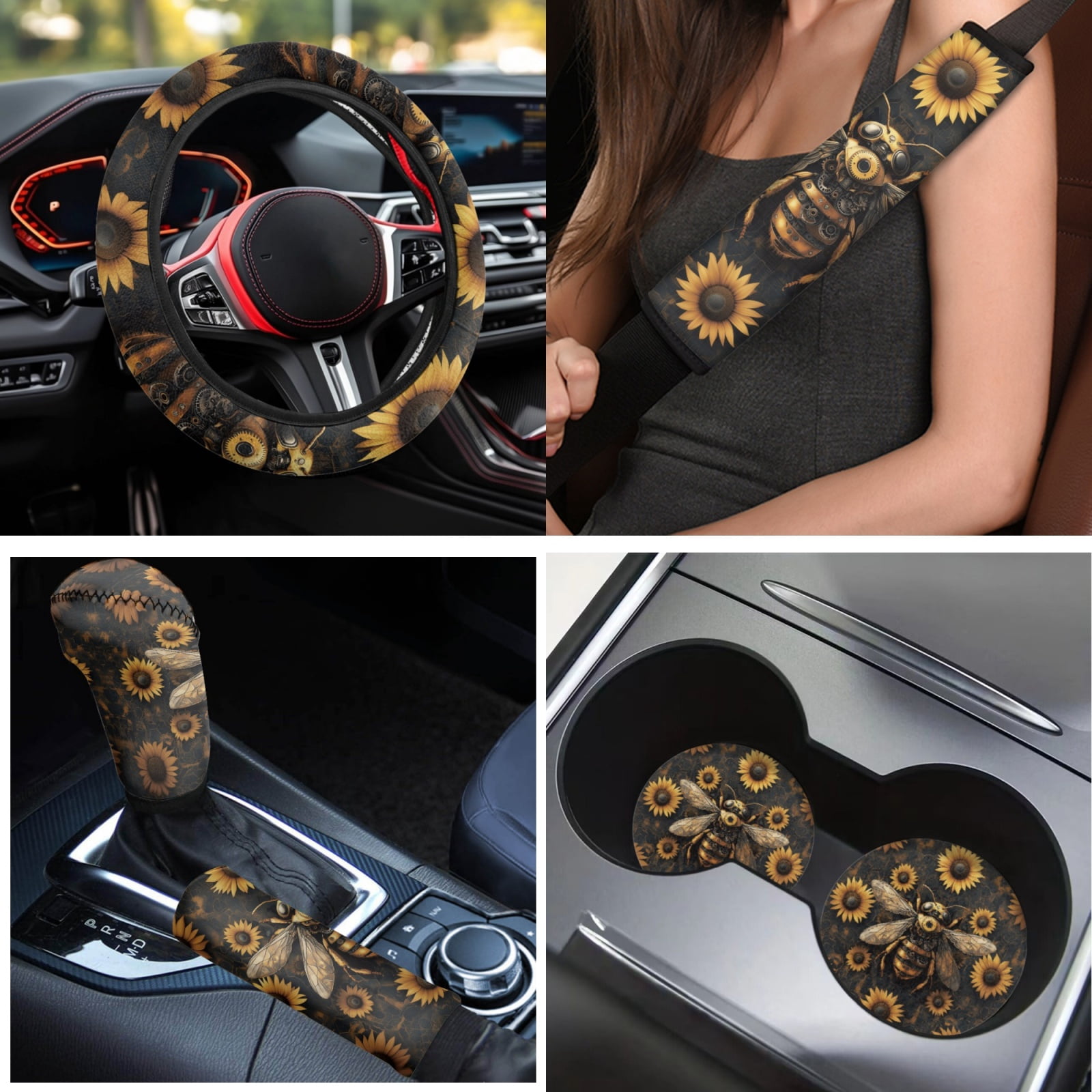 Yuyamidu 15 Pack Bee Car Front Rear Seat Covers Sunflower Car Floor Mats Steering Wheel Cover Seatbelt Cushion Handbrake Cover Shift Gear Knob Cover Coasters