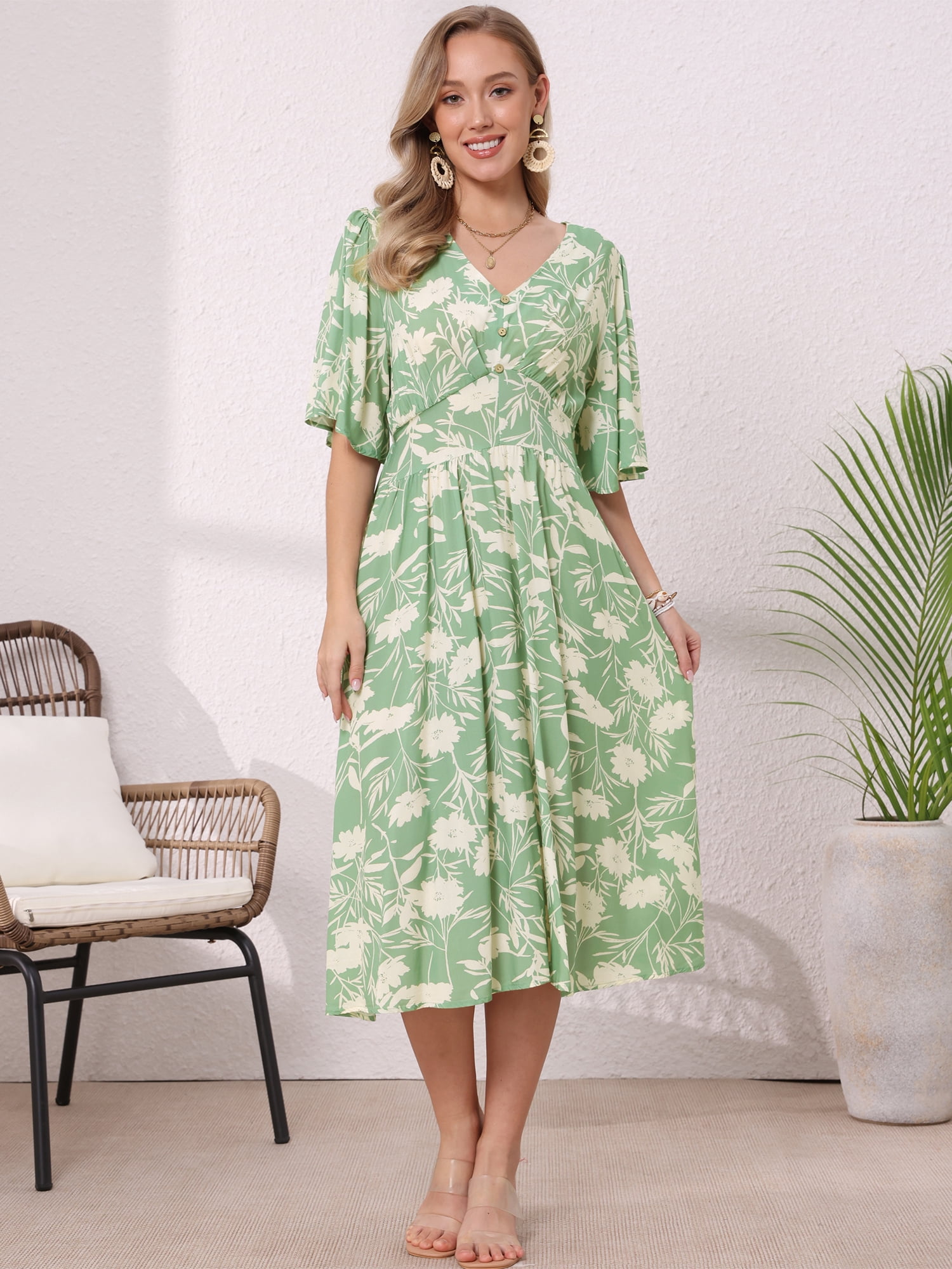 DARING DIVA Women's Floral Midi Flutter Sleeve V Neck Flowy Dresses L Green