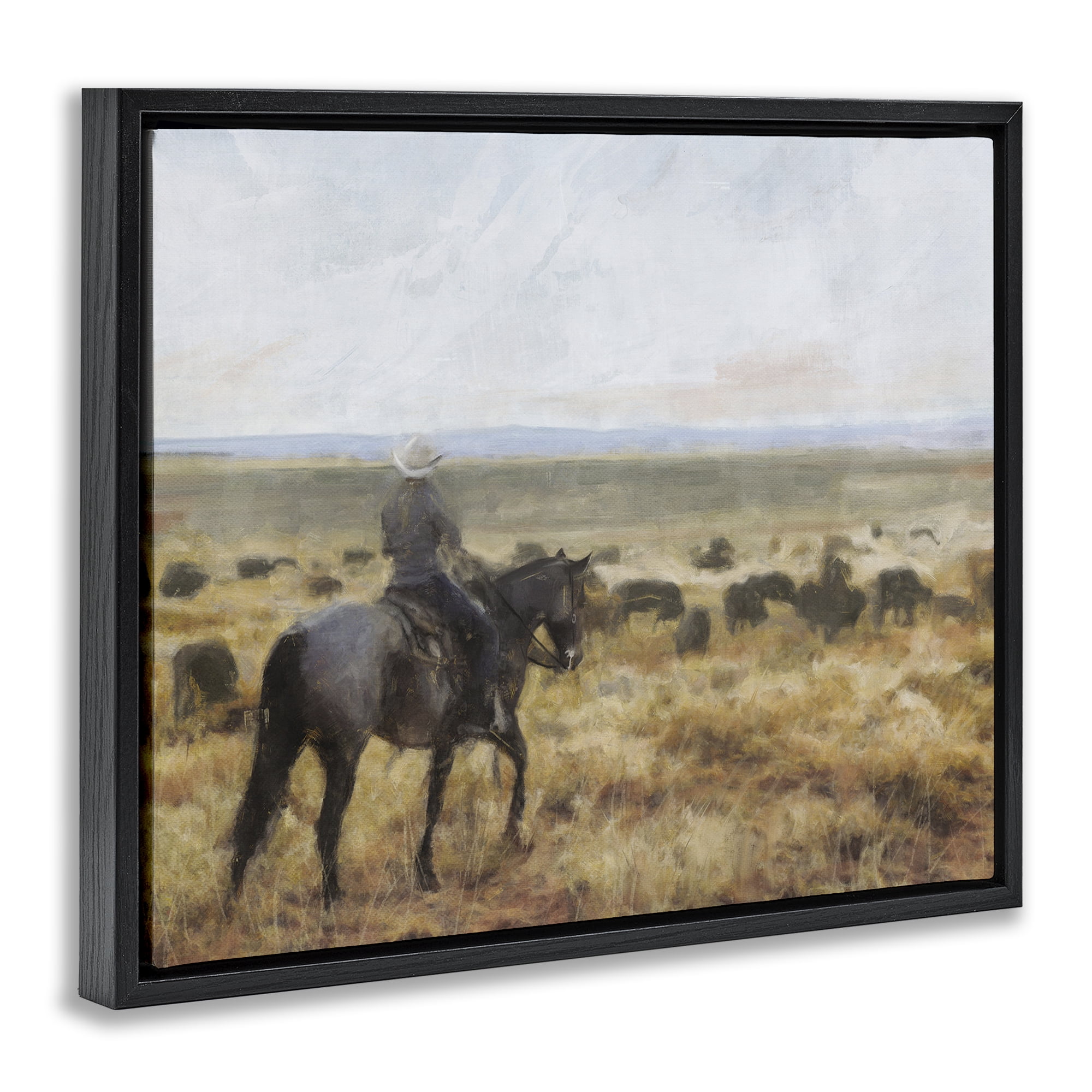 Stupell Industries On The Range Cowboy Landscape Painting Black Floater Framed Canvas Art Print Wall Art, 21 x 17