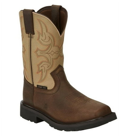 JUSTIN WORK Mens Western Pull-On Composite Toe EH Puncture Resistant Work Boot Brown - 3005J BROWN