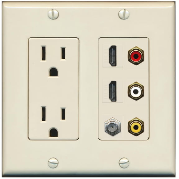 RiteAV - 2 x 15 Amp 125V Power Outlet 3 x RCA - 2 X HDMI and 1 x Coax Cable TV Port Wall Plate Light Almond