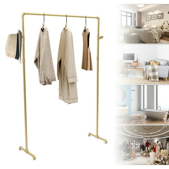 Miumaeov Industrial Pipe Clothing Rack with 2 Side Hooks,Commercial Heavy Duty Clothes Racks for Hanging Clothes,Vintage Standing Rolling Clothes Rack Portable,clothing Rack Display Rack