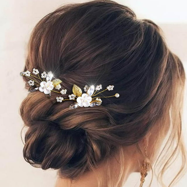 Asooll Flor Novia Boda Horquilla Perla Nupcial Clip Cristal Tocado Accesorios Para El Cabello Para Mujeres Y Niñas (Oro)