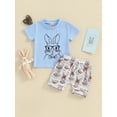 thumbnail image 2 of EYIIYE Ensemble de Pâques 2 Pcs pour Tout-Petit Garçon 0-3 Ans Bébé Bunny T-Shirt Imprimé Manches Courtes T-Shirt Col Rond Hauts avec Taille Élastique Shorts à Rayures Nouveau-Né Mignon Dessin Animé Décontracté Vêtements d'Été, 2 of 9