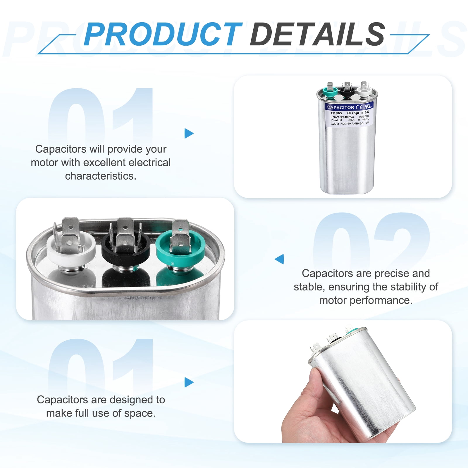 Uxcell 2Pcs 60+5MFD CBB65 Run Start Capacitor 60+5uF, 370/440V Oval AC Capacitor for AC Motor Run, HVAC, Air Conditioner, Condenser Motors