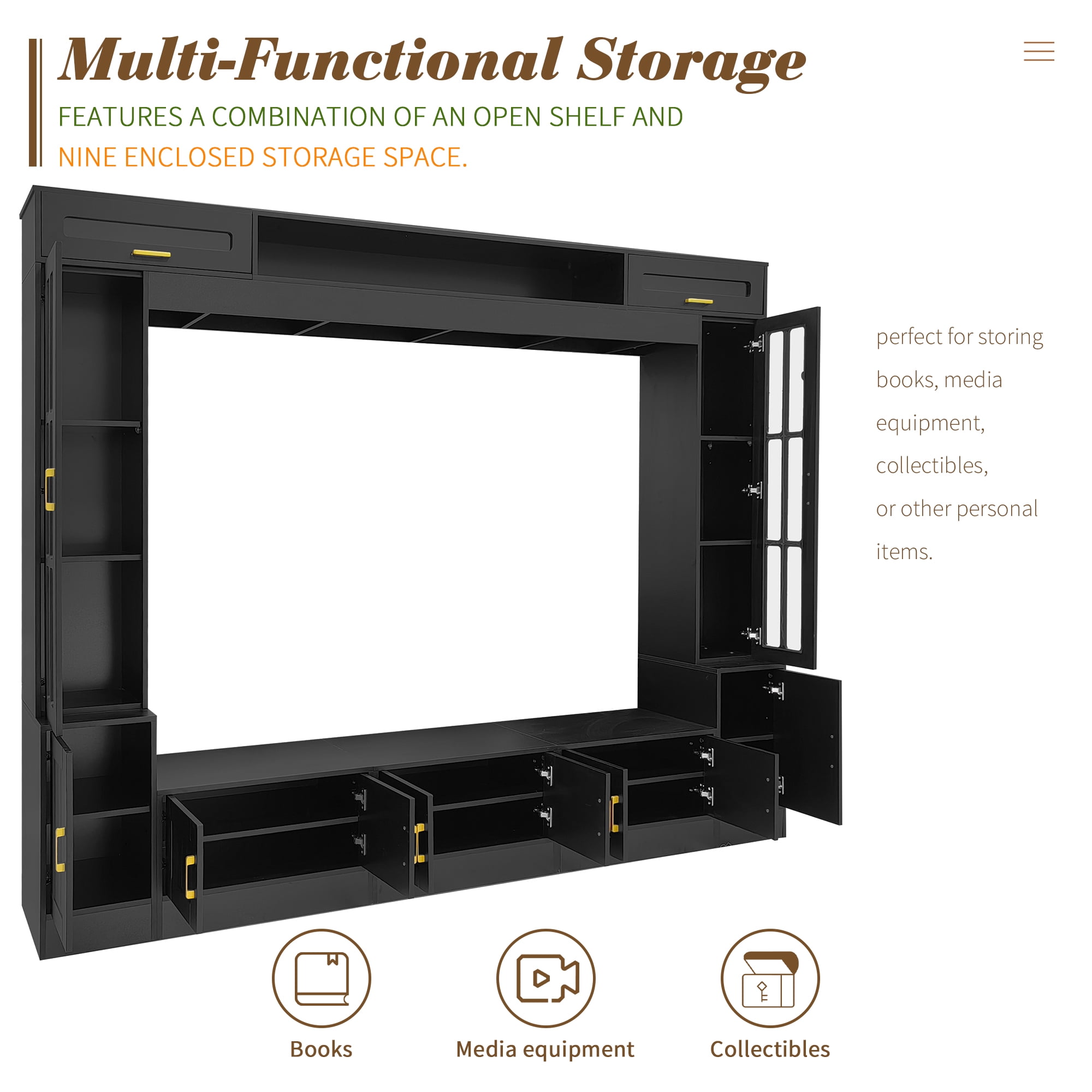 Aukfa Modern 98.4" Wall Unit TV Stand for TVs up to 80",Entertainment Center with Glass Doors & Storage Cabinets for Living Room Furniture, Black