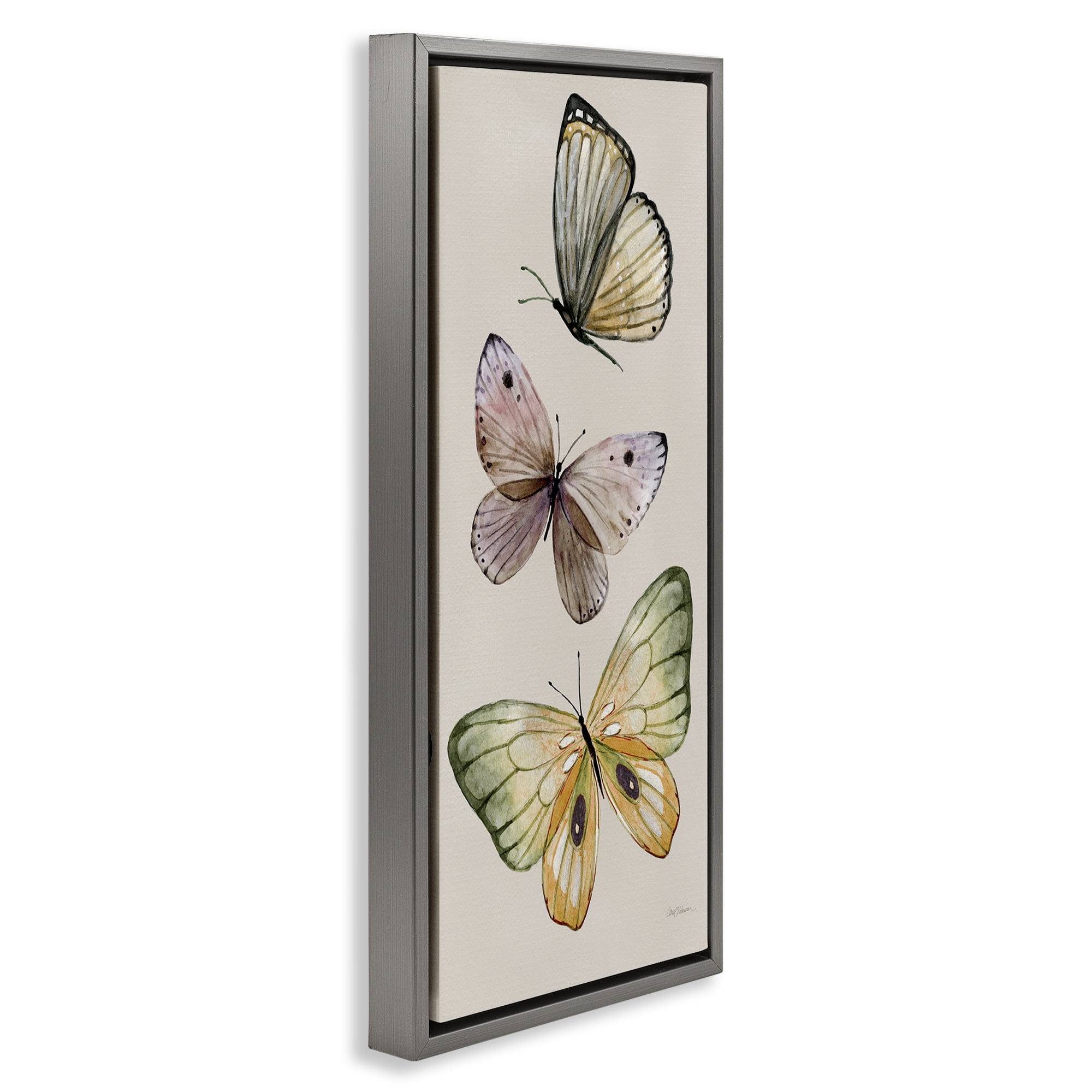 Stupell Industries Fluttering Butterfly Trio Animals & Insects Painting Gray Floater Framed Canvas Art Print Wall Art, 11 x 25