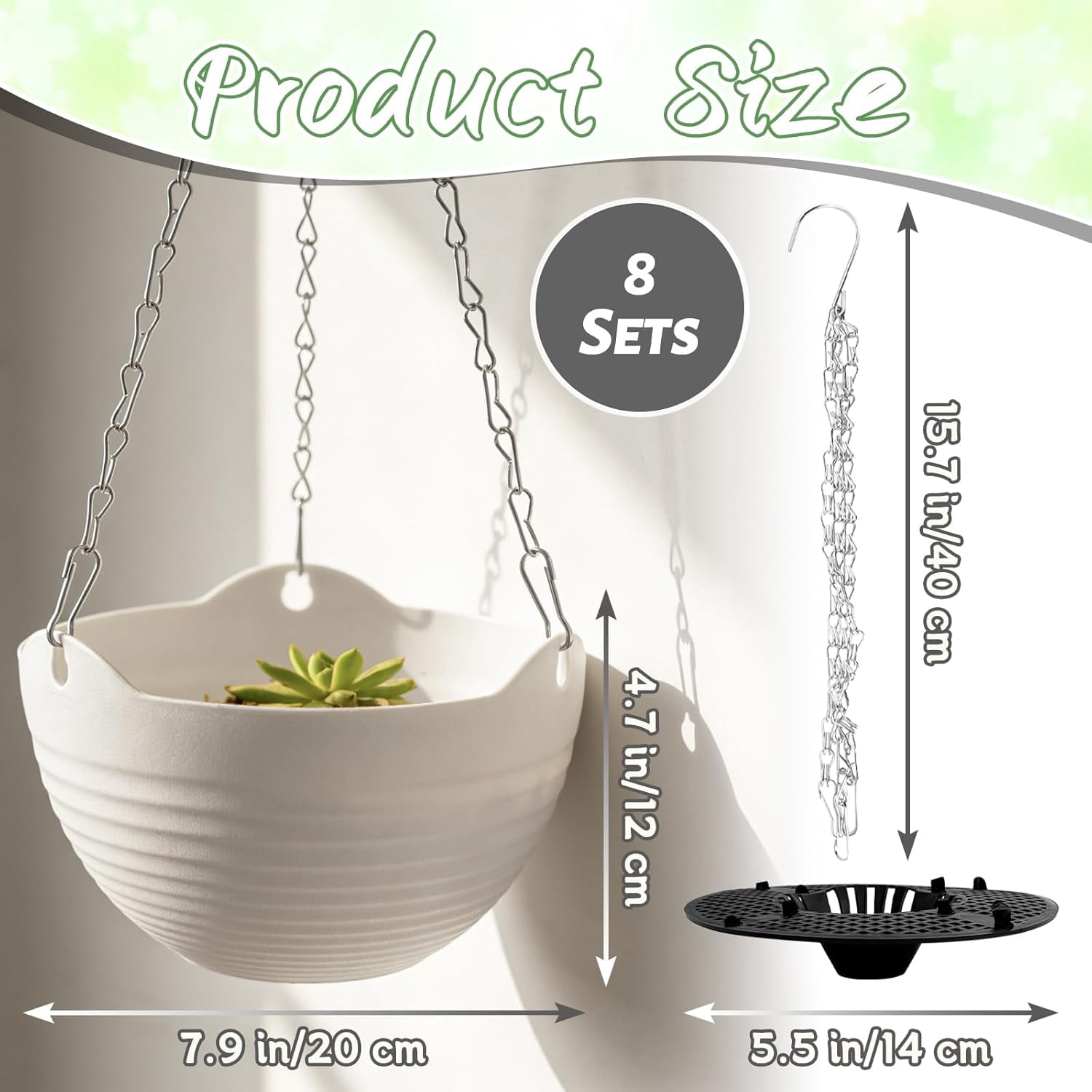 8 Pack Hanging Planter Pots,Self-Watering Flower Pot with Water Tray & Metal Chain,White Plastic Plant Pots for Indoor Outdoor Garden Decor,8 Inch
