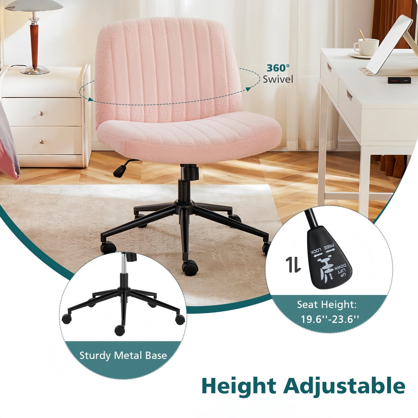 Kelno Armless Criss Cross Office Chair with Wheels 300lb Capacity Wide Seat Cross Legged Desk Chair Height Adjustable Swivel Vanity Chair, Pink Teddy