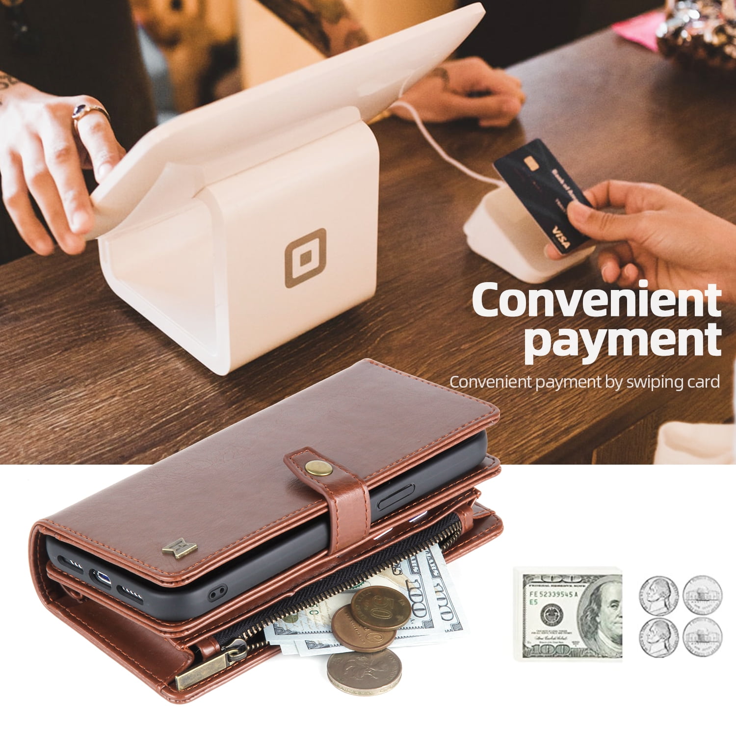 2 In 1 Wallet Phone Case for Apple iPhone 13 Pro Max, Detachable Magnetic Back Cover with Cards Holder Zipper Pocket Hand Wrist RFID Blocking Snap Closure Shockproof Case for iPhone 13 Pro Max, Brown
