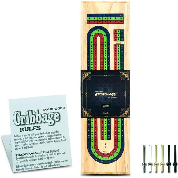 Tradeopia 3 Track Color Coded Wooden Cribbage Board Game with Built-in Storage and Metal Pegs