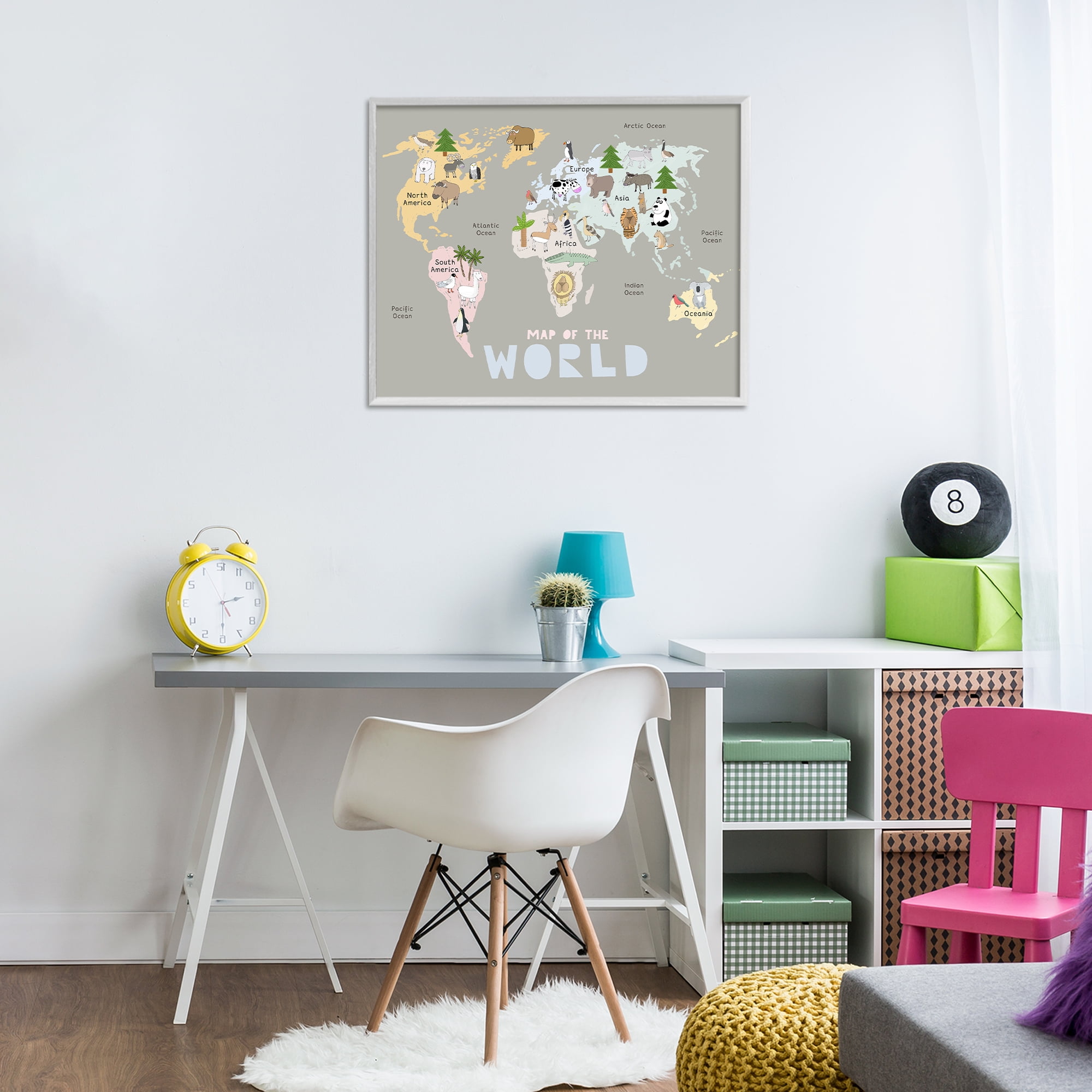 Kid's Map Of World Grey White Framed Giclee Art, design by Carla Daly