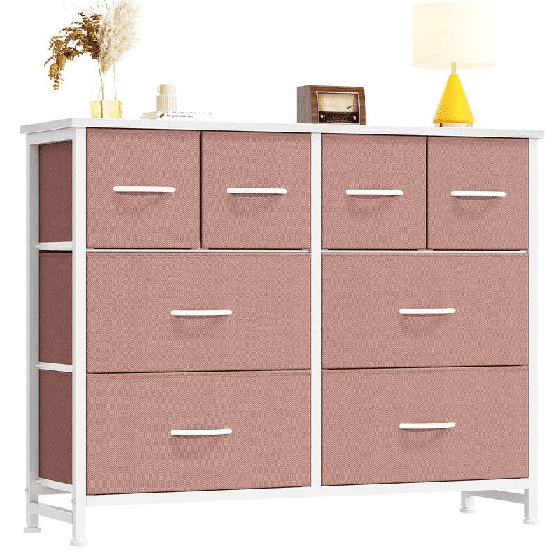 Kelno 8 Drawers Fabric Dresser Wide Wood Top Cabinet Storage Tower Metal Frame Clothes Organizer for Bedroom Living Room,Pink