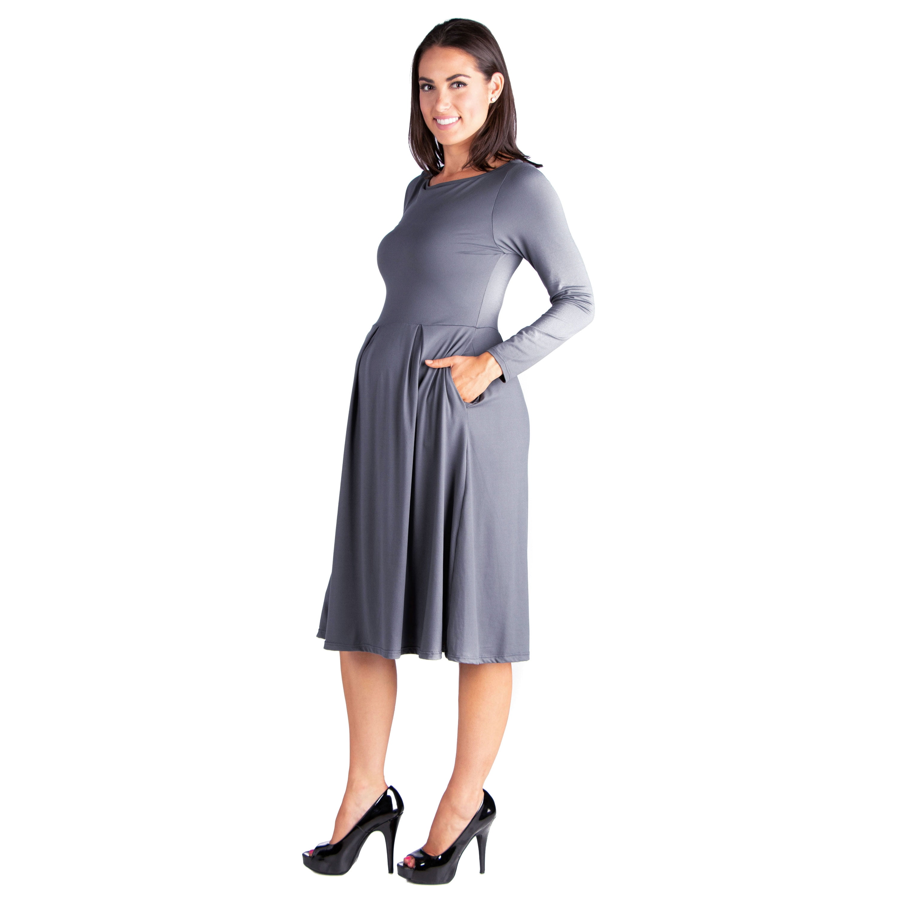 24/7 Comfort Apparel Long Sleeve Fit and Flare Maternity Midi Dress
