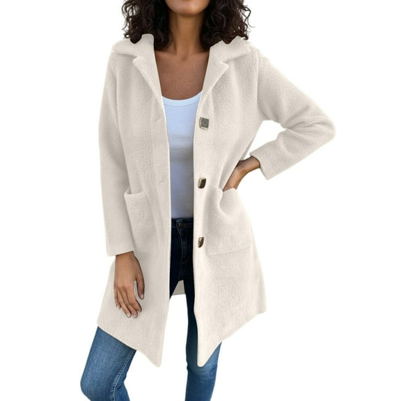 Wuxian Women Overcoat Long Length Plus Size Button Down Turndown Collar Solid Color Jacket Long Sleeve With Pockets Fall Winter Casual Outerwear,Beige,L